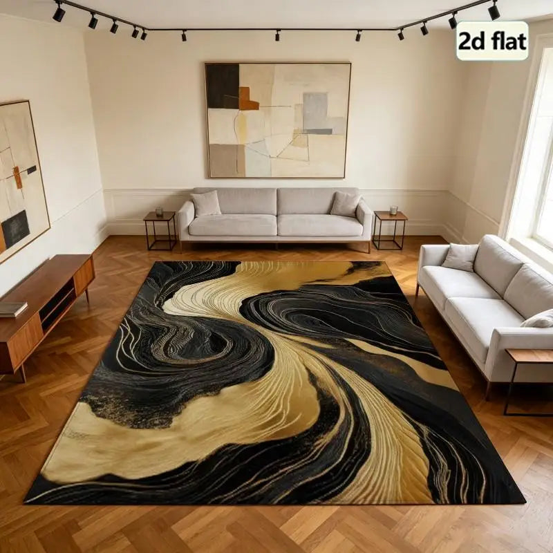 1 Piece Abstract Black And Gold Swirl Pattern Rug, Soft Comfortable, All Season, Lightweight Easy Care, Home Decor, Room Decor, Living Room Decor, Bedroom Decor, Dining Room Decor, Winter, Autumn