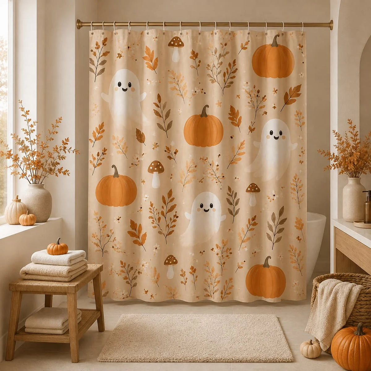 Fall Pumpkin Shower Curtain 71x71 Inches Shower Curtain with 12 Hooks Beige Rustic Autumn Leaf Mushroom Farmhouse Bathroom Decor