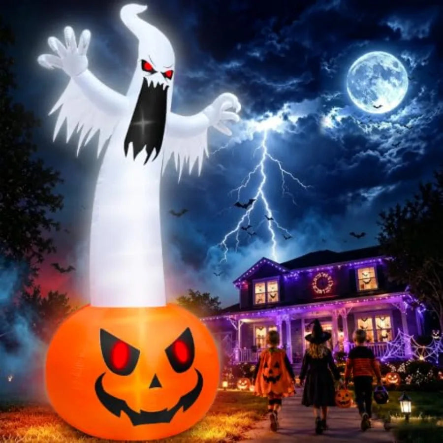 Halloween outdoor yard decoration: super giant 20 FT inflatable pumpkin ghost, PVC material, orange and white, built-in 9 LED l