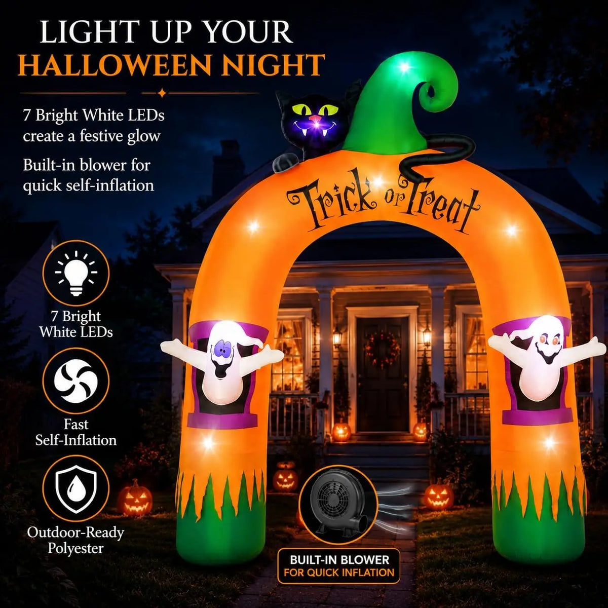 Halloween Inflatable Archway 10Ft with 7 LED Lights, Black Cat & Ghosts Design, Self-Inflating, Weather-Resistant, Foldable Outdoor Yard Decor, Bright Nighttime Glow, Easy Setup, Ideal Lighted Trick-or-Treat Entrance