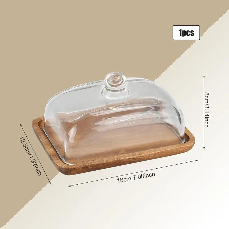 1PC Wooden Butter Dish with Clear Dome Vintage Multipurpose Dessert Pastry Snack Fruit Serving Display Plate