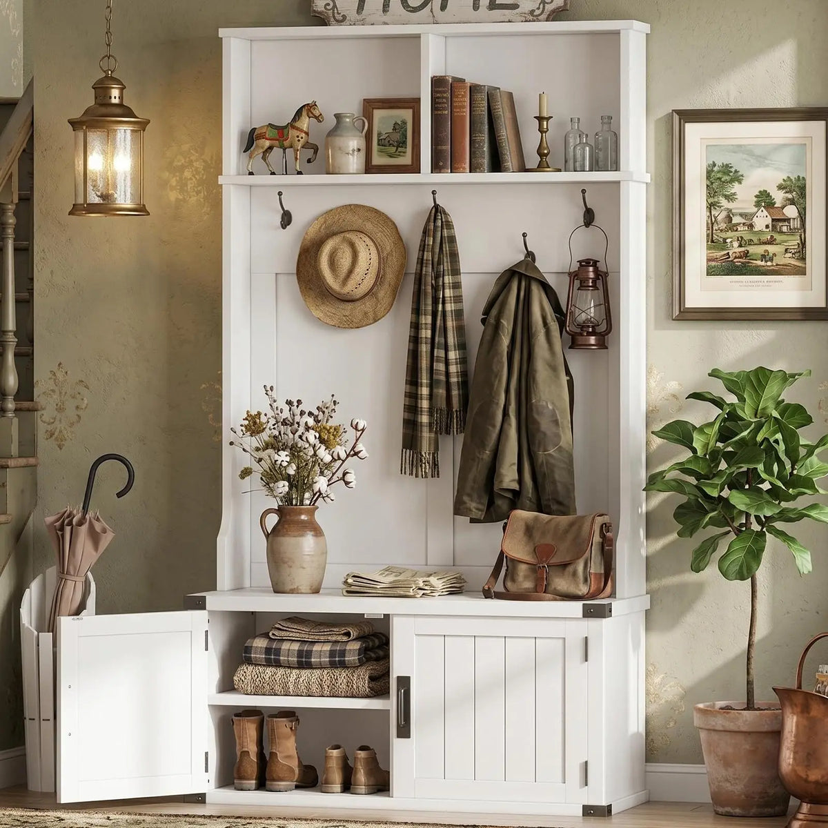 HiMISS Wooden Hall Tree With Bench And Shoe Storage