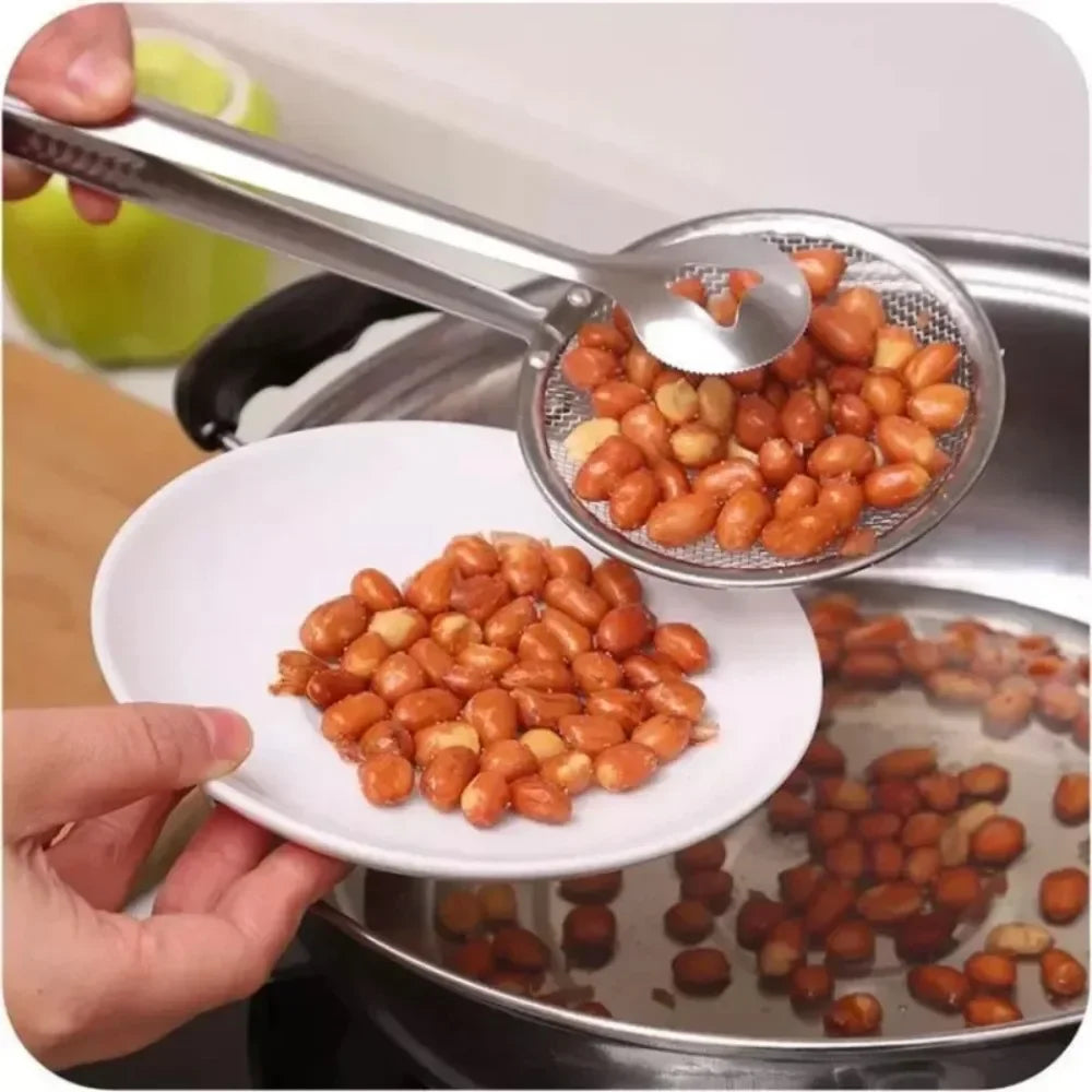 Stainless Steel Strainer Spoon Tongs, Mesh Filter Spoon and Clip Design, Approx. 280 x 100 x 10mm, Silver Finish, Approx. 40g, for Fried Food, Salads, Bread, Vegetables, Grilling and Kitchen Serving, approx. 280 x 100 x 10mm