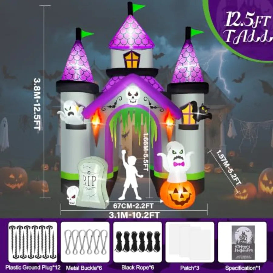 12.5FT Tall Halloween Inflatables Archway Haunted House Castle Giant Ghost Pumpkin Arch Blow Up Halloween Outdoors Yar