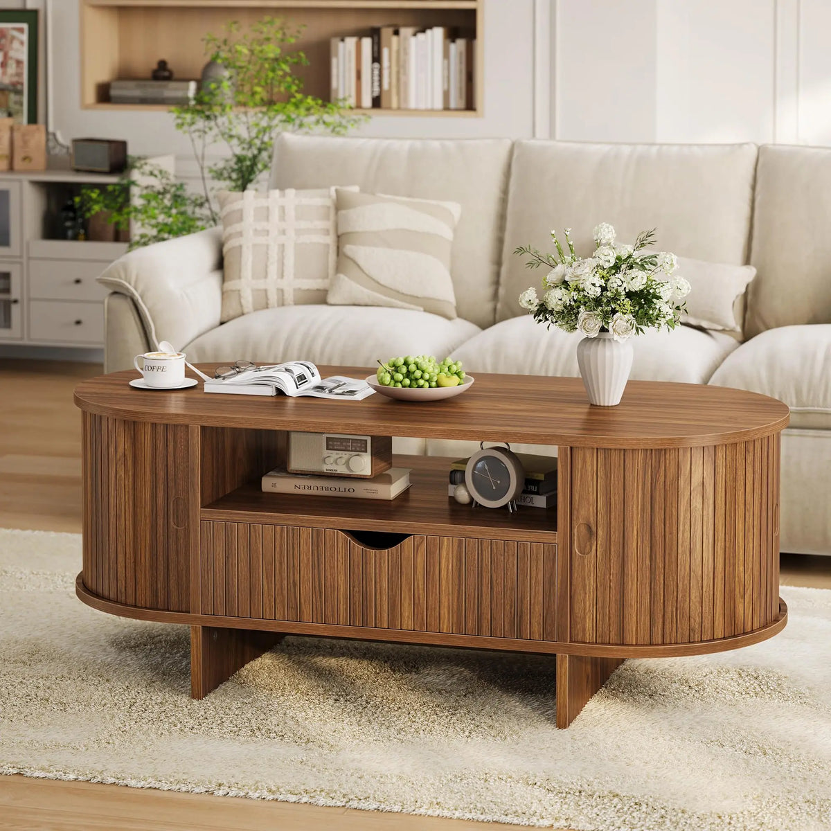 HiMISS Modern Fluted Oval Coffee Table With Storage Cabinet