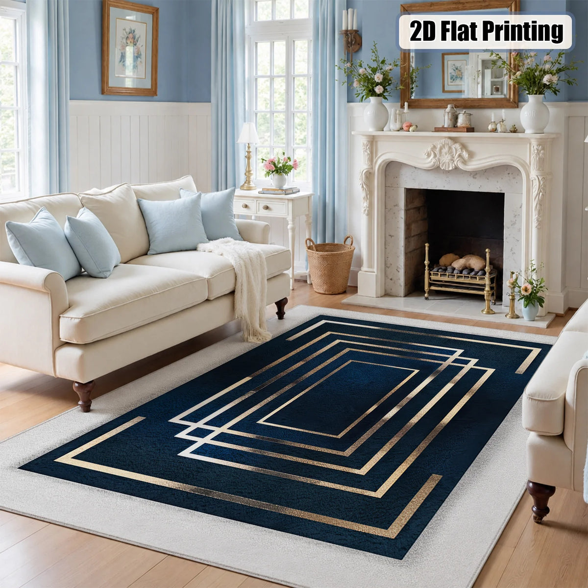 Large Indoor Area Rug, Soft Velvet Low Pile Non-Slip Dotted Backing Machine Washable, Navy Blue & Gold Geometric Rectangular Pattern, Ideal for Living Room Bedroom Entryway Home Floor Decor