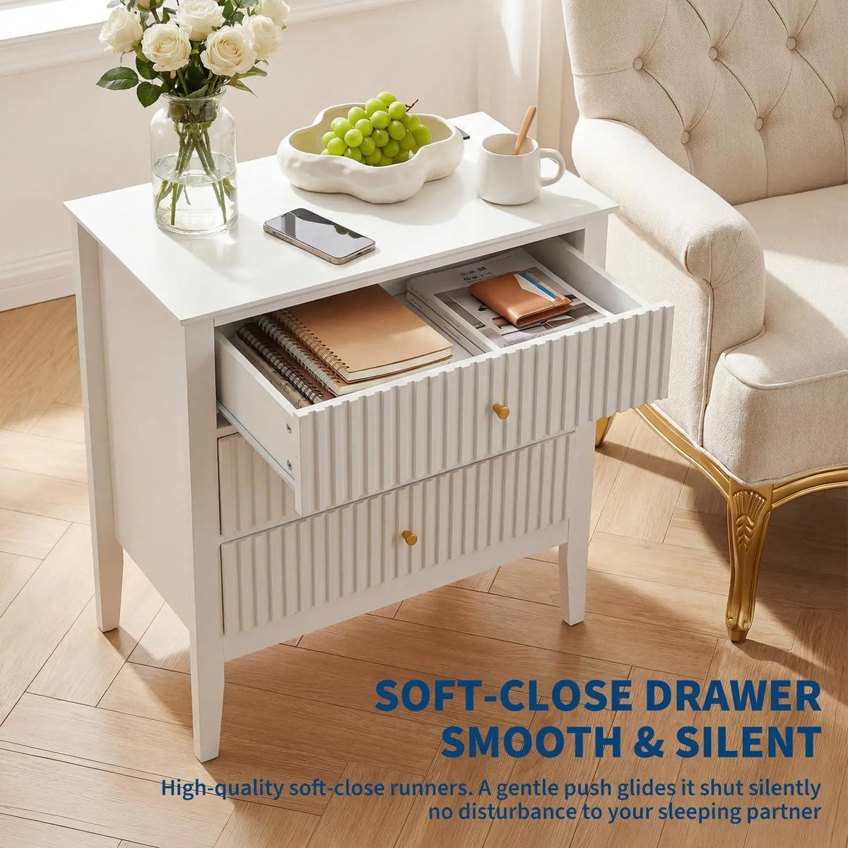 HiMISS Fluted Wooden Nightstand Featuring Charging Station And Drawers