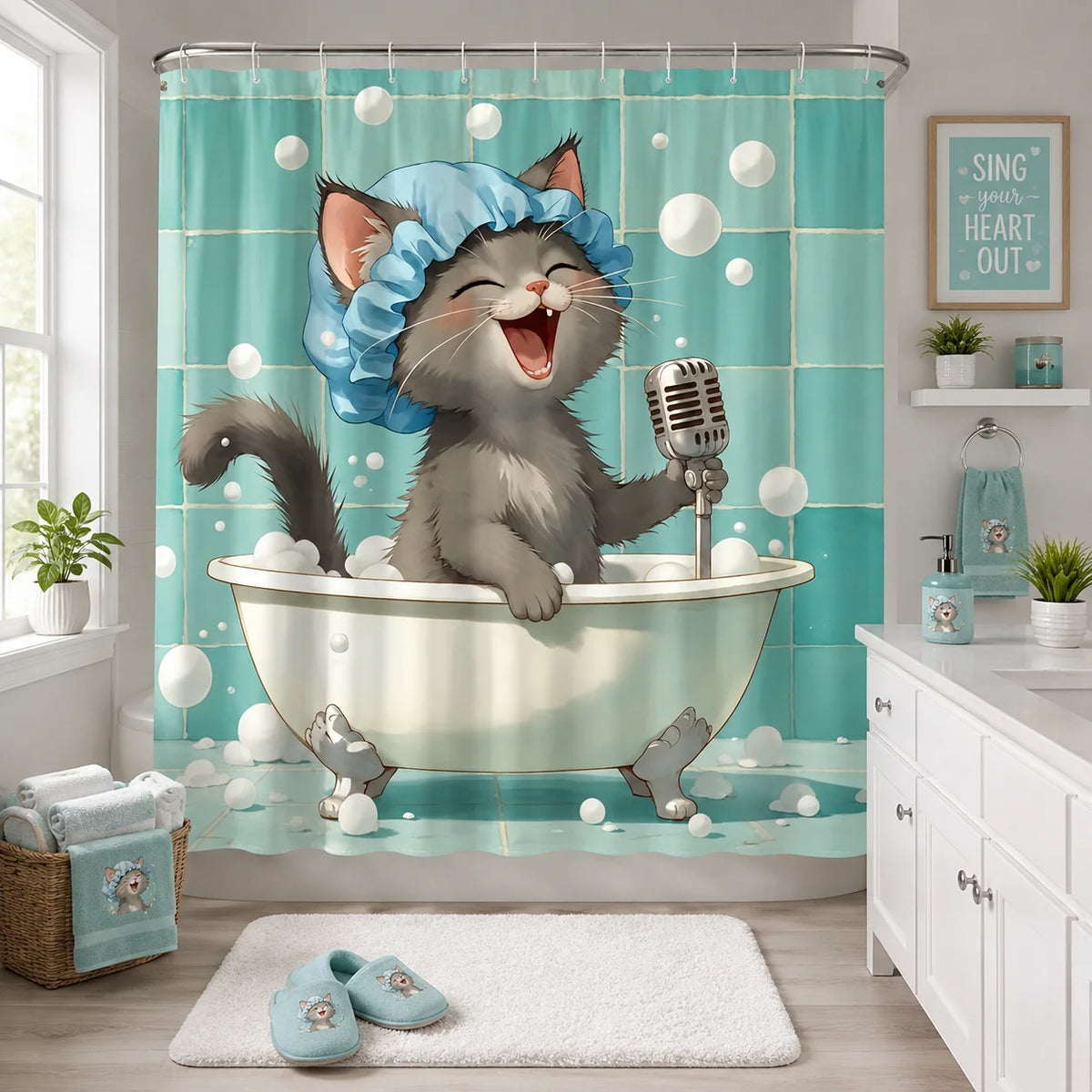 2D Flat, 2D Flat, 2D Flat Shower Curtain 1pc, Mcca Cute Cat Singing Shower Curtain, Polyester Comfortable Fabric, Multi-Size Selection, Special Boutique Hotel, Creating a Dreamy Healing Atmosphere, Creating a Natural Healing