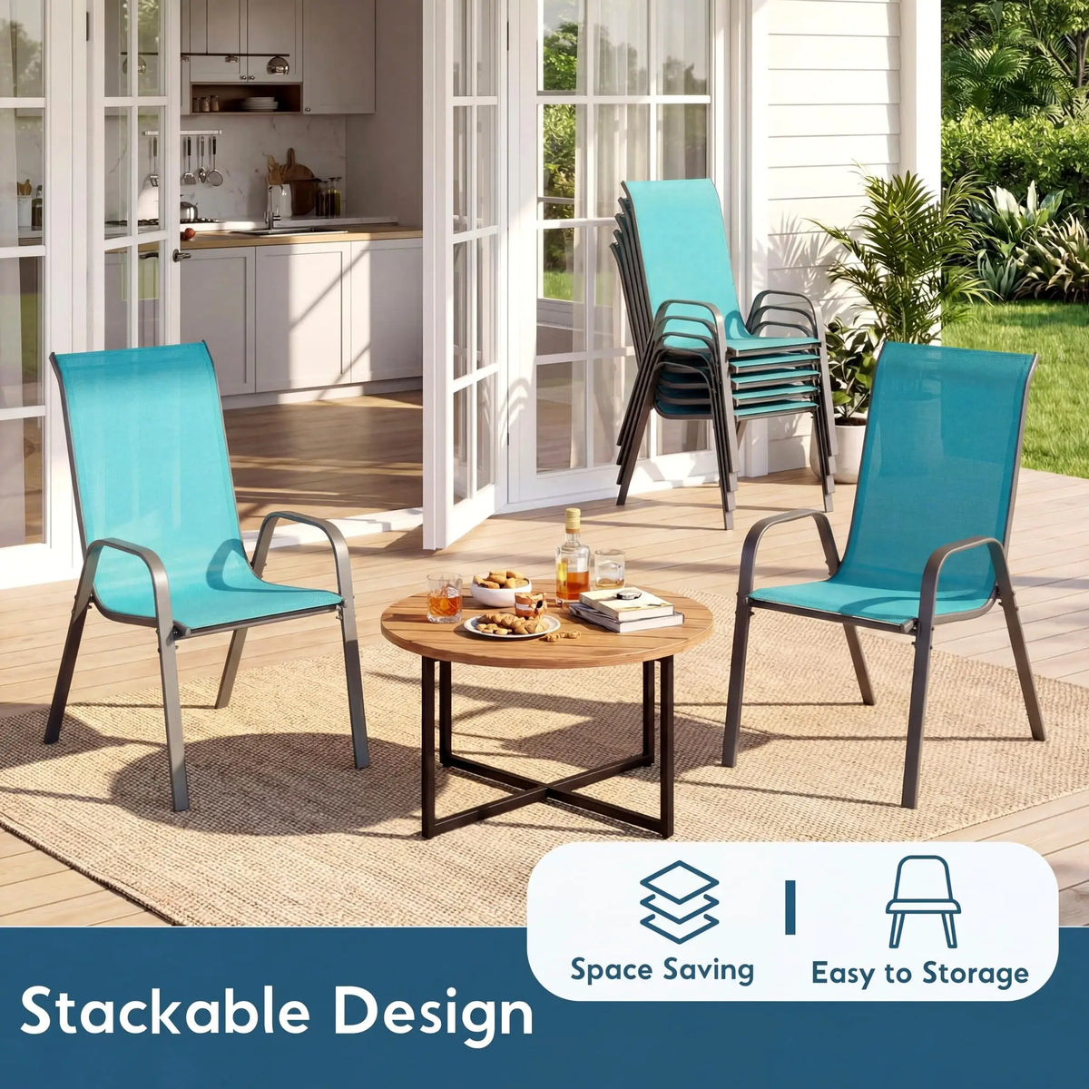 AOOU 5-Piece Outdoor Patio Dining Set Glass Table And Stackable Chairs Space-Saving 30''x30'' Metal Frame Umbrella Hole All-Weather for Backyard Poolside