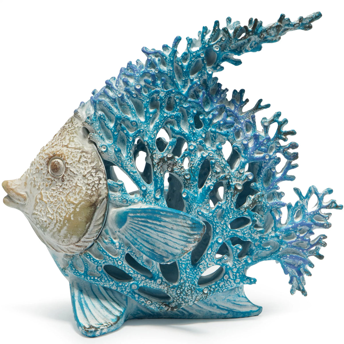Hodao 7.75 Inch Resin Coral Reef Fish Figurine, Hand-Painted Blue and Ivory Angelfish Sculpture with Stone-Textured Finish, Coastal Ocean Sea Life Decor for Beach House, Living Room, Bathroom, Bookshelf, Tabletop, Office Desk