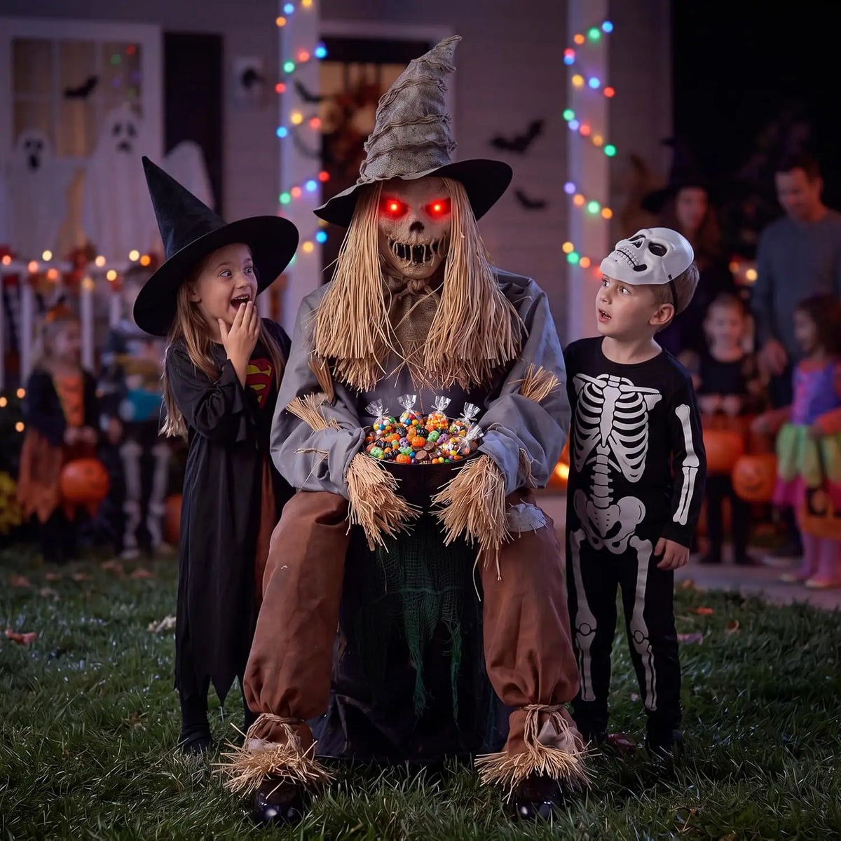 49" Halloween Animatronic Sitting Scarecrow, Halloween Decorations Outdoor Sound Activated Jump Scare Prop with LED Eyes, Spooky Sounds, Scary Haunted House Props for Garden Yard Lawn