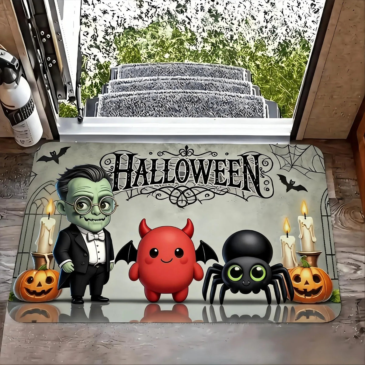 1pc Door Mat with Halloween Pumpkin and Cat Design, Welcome Floor Mats, Polyester Area Mat for Laundry Room and Kitchen, Room Decoration, Guest Room Decor
