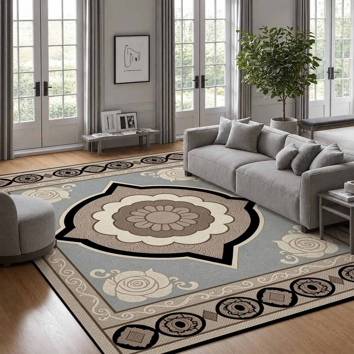 Ornate Floral Geometric Pattern Velvet Area Rug, Machine Washable Floor Carpet, Suitable for Living Room, Bedroom, Dining Room, Ideal for Halloween, Thanksgiving, Black Friday, Cyber Monday, Christmas, New Year Home Decor