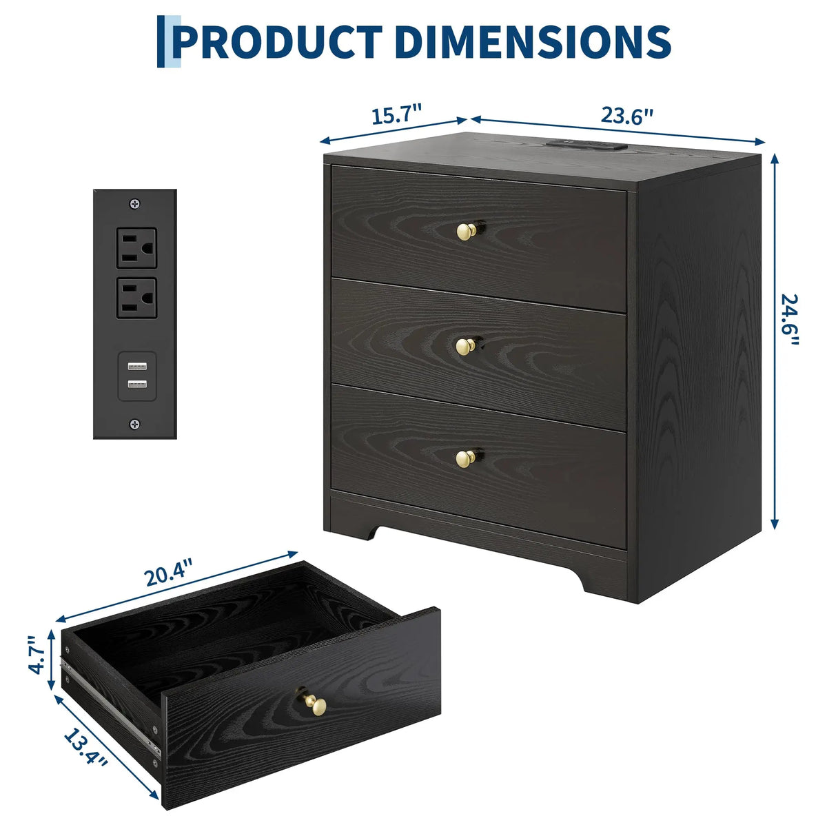 Nightstand With Charging Station 3 Drawers Set Of 2