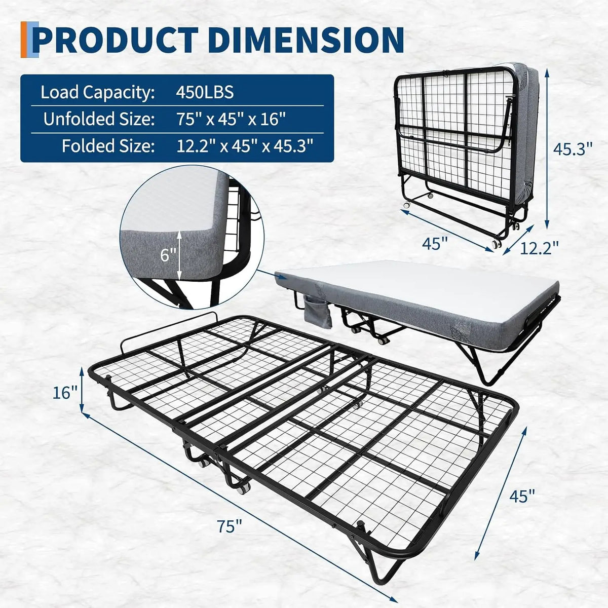 Portable Folding Bed With 6 Inch Memory Foam Mattress Sturdy Steel Frame Foldable Rollaway Guest Bed With Wheels Space Saving Spare Bed For Apartment RV Dorm Overnight Visitors