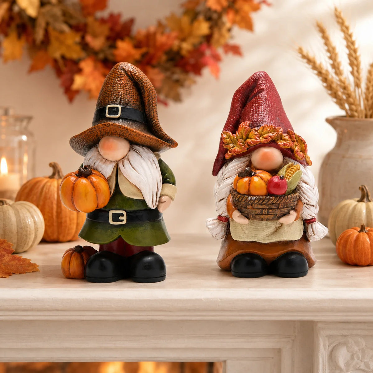 Hodao Resin Fall Gnome Figurine Set, 2-Piece Thanksgiving Gnome Figure Model with Pumpkin, Harvest Basket, Autumn Leaves and White Beard, Collectible Tabletop Shelf Sitter Decor for Fireplace Mantel Tiered Tray Home Display,