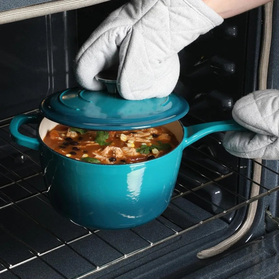 3 Quart Enameled Cast Iron Saucepan with Lid Teal Ombre Nonstick Sauce Pan for Stove and Oven Cooking