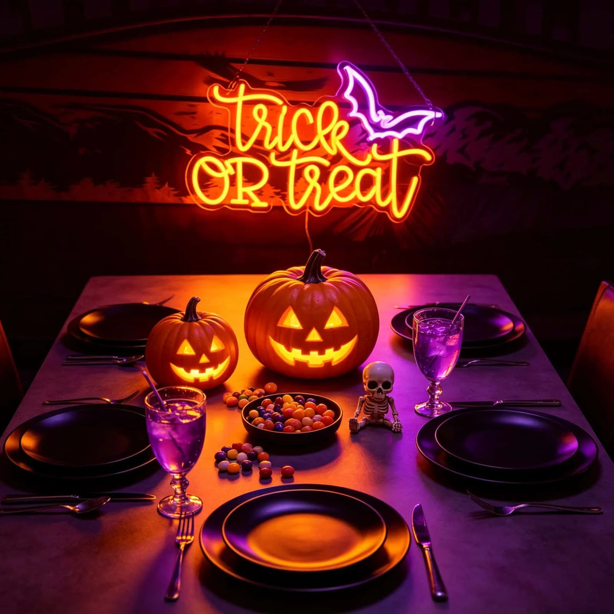 USB Powered Trick OR Treat LED Neon Sign with Bat Halloween Neon Light Wall Hanging Lamp for Party Home Bar Bedroom Window Holiday Decor