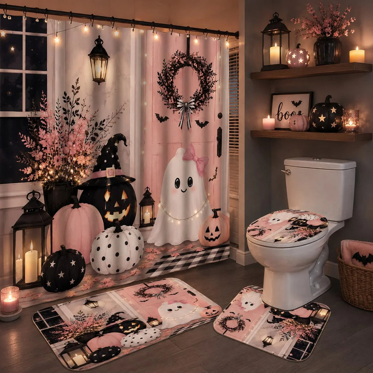 2D Flat, 4pcs 2D Flat Pink Halloween Shower Curtain Set, Cute Ghost Pumpkins Bathroom Decor, Additions with, U-Shaped, Toilet Lid Cover, Shower Curtain Includes Hooks, Spooky Season Decor, Home Decor, Bathroom Additions