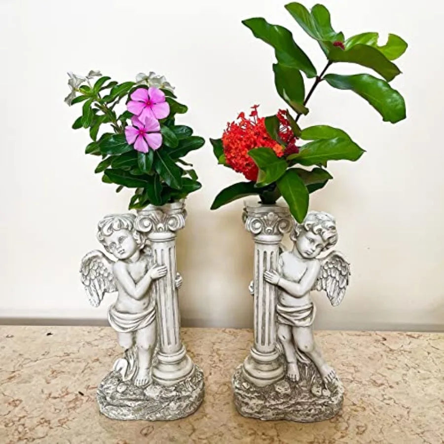 Statue with Solar Lights 19.7 Inch, Outdoor Solar Angel Garden Statue with Roma Pillar for Garden Lawn Deocr, Christian Religio