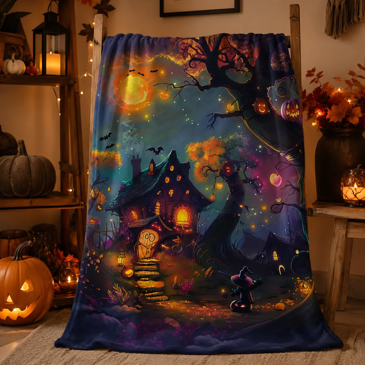 Halloween Throw Blanket - Cozy Autumn Decor with Witch and Haunted House