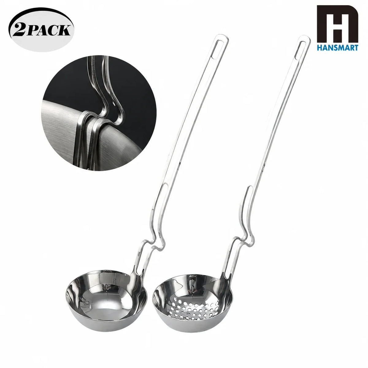 KitchenTrend 2Pcs Stainless Steel Ladle & Skimmer Set, Large Capacity Hanging Hook Design Mirror Polished Soup Strainer Spoon for Home Hotpot Kitchen Cooking
