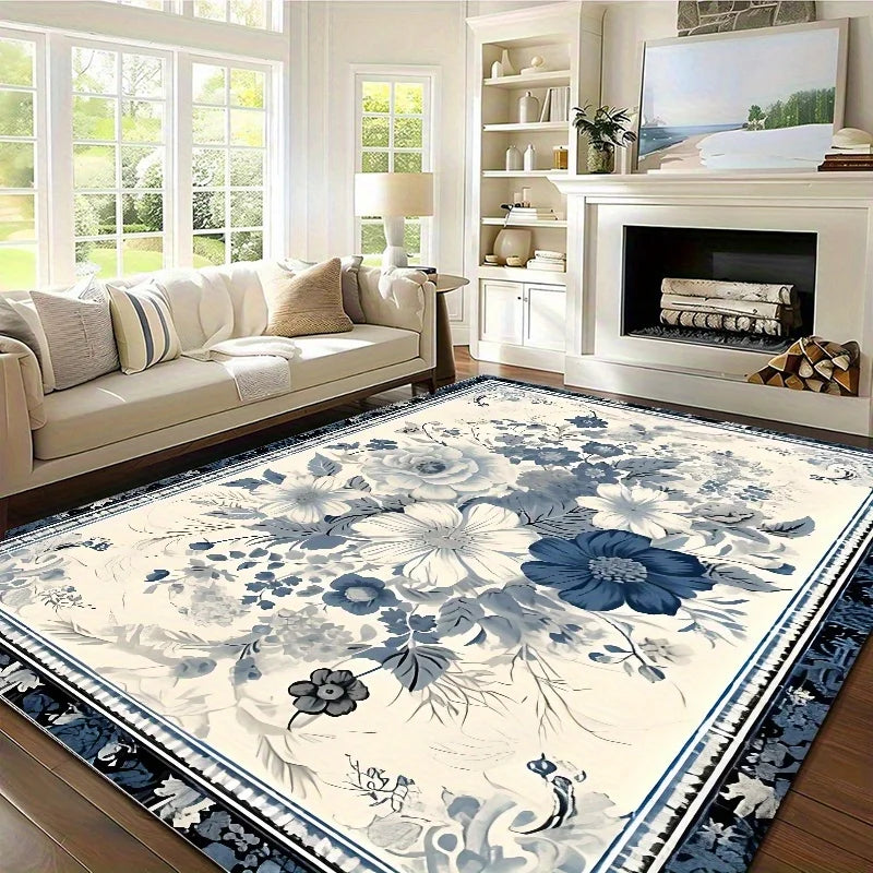 Luxurious High-End Blue And White Floral Pattern  Floor Mat, Elegant Design, Comfortable And Beautiful, Suitable for Bedrooms And Living Rooms