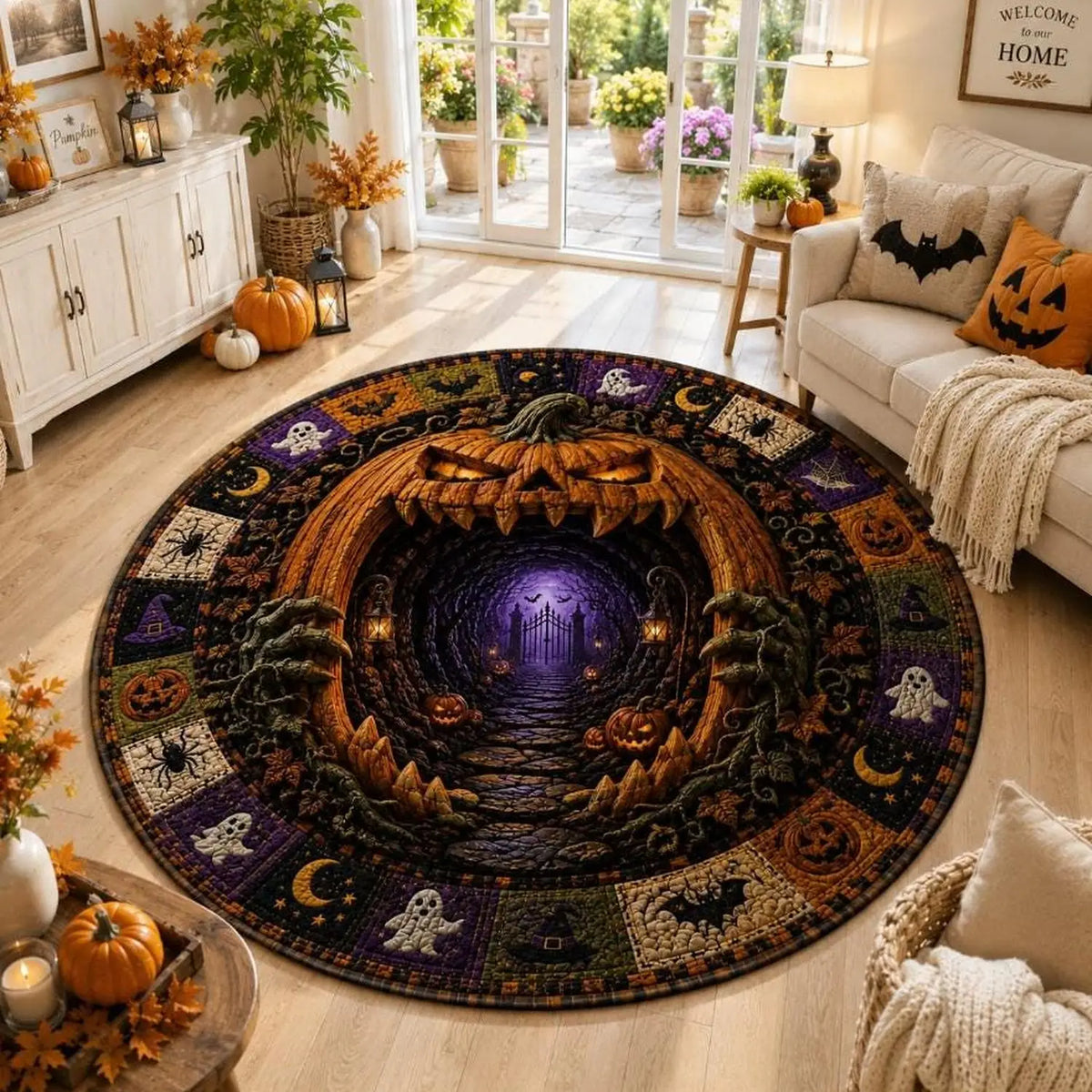 【Room Decor Carpet】Ghost Pumpkin Round Quilted Carpet, Halloween Quilted Floor Decoration, Haunted Graveyard Carpet, Autumn Home Decor, Room Embellishment, Cozy Seasonal Carpet