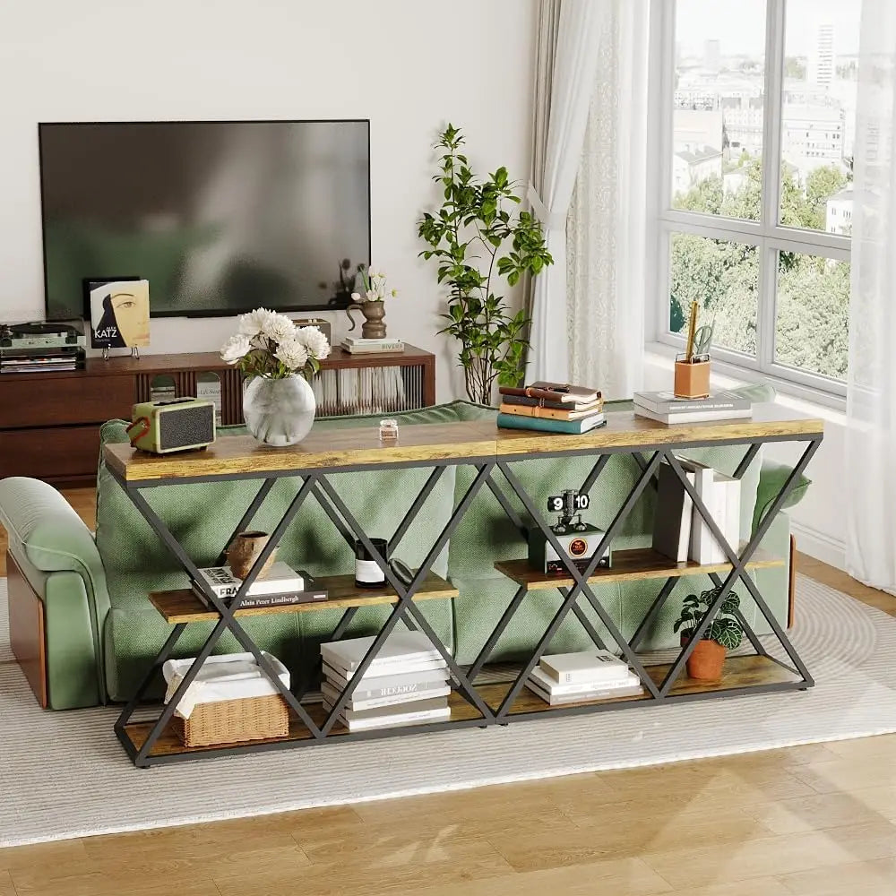 3-Tier Console Table, Slim Entryway Sofa Table with x-Shaped Metal Legs, Open Storage Shelves, for Living Room/Hallway, Rustic Farmhouse Style