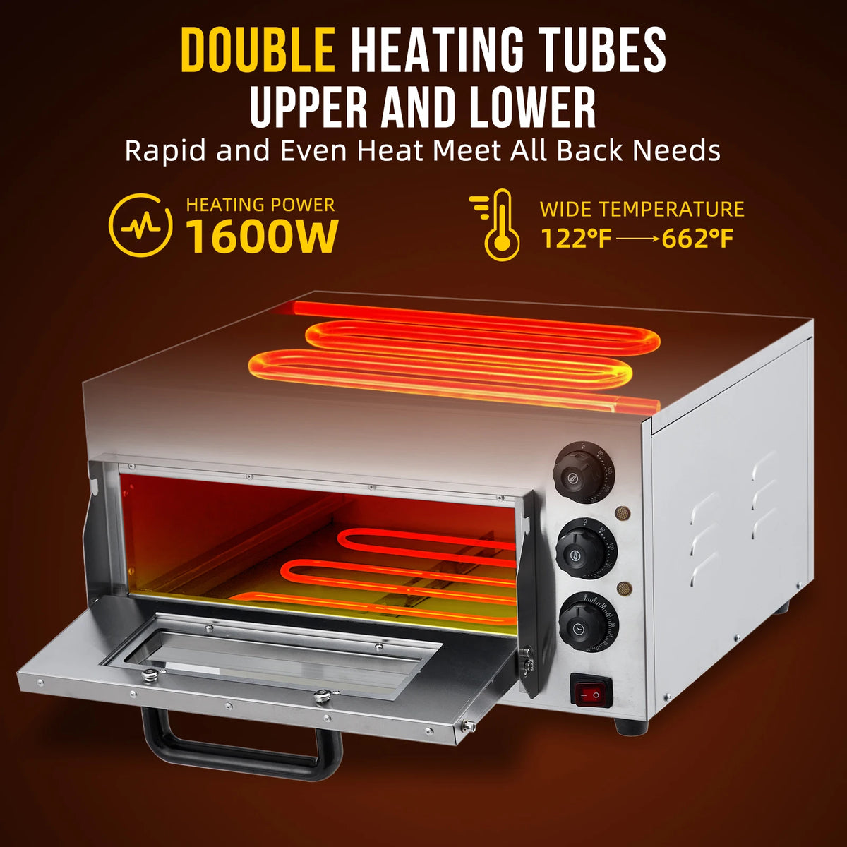 16 Inch Countertop Pizza Oven, 1600W Stainless Steel Electric Pizza Oven with Pizza Stone, Timer & Adjustable Temp for Home Commercial Use