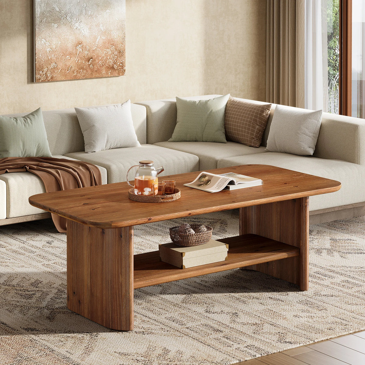 Tribesigns Farmhouse Solid Wood Coffee Table With Two Tier Storage