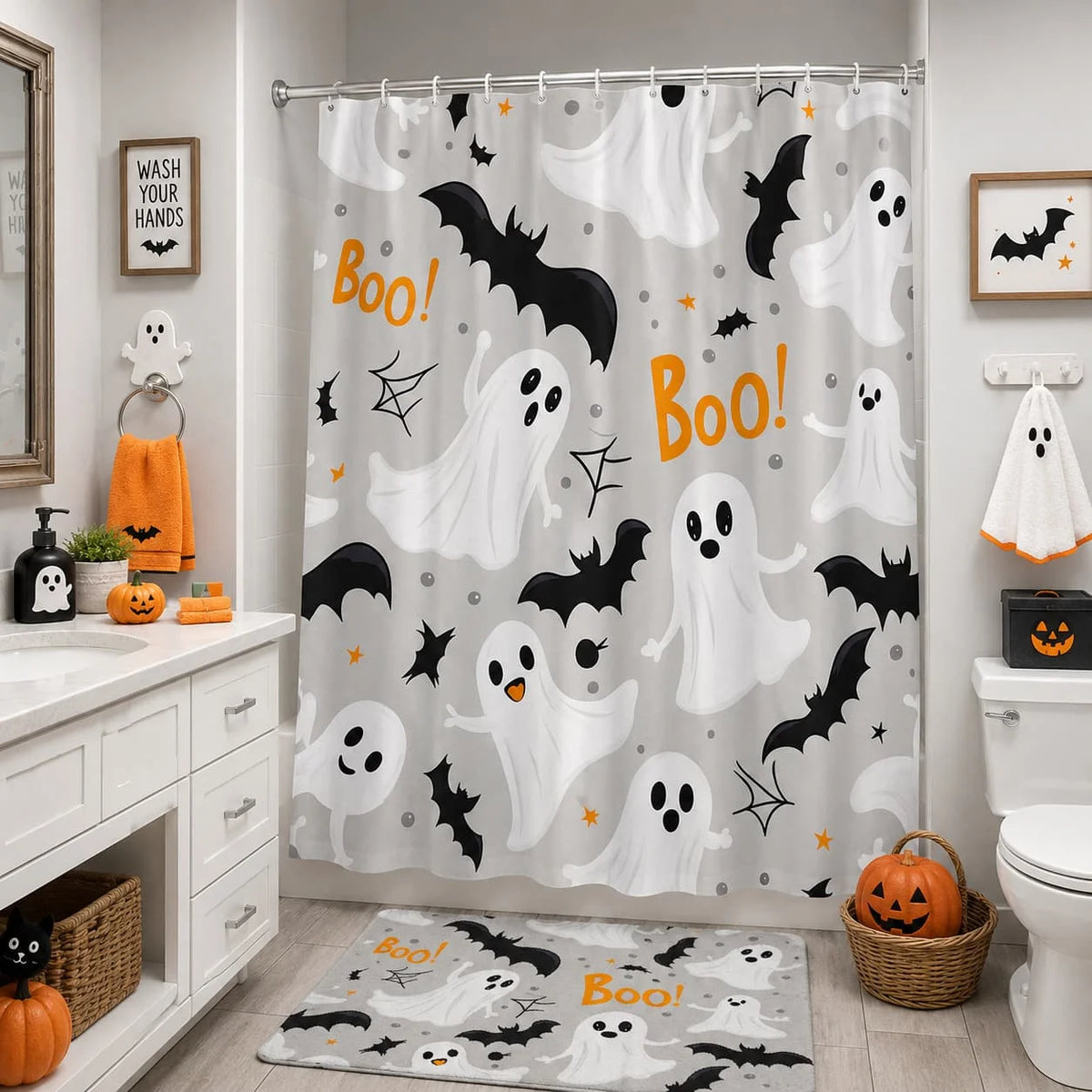 A Single Whimsical Halloween Shower Curtain Featuring a Seamless Design of White Ghosts with Black Eyes And Mouths, Along with Flying And Standing Black Bats