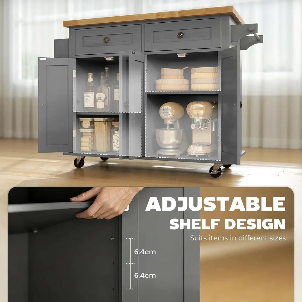 Kitchen Island Cart with Solid Wood Top, 44" Mobile Kitchen Island Table on Wheels with Storage Cabi, 2 Ders, Adjustable Shelves