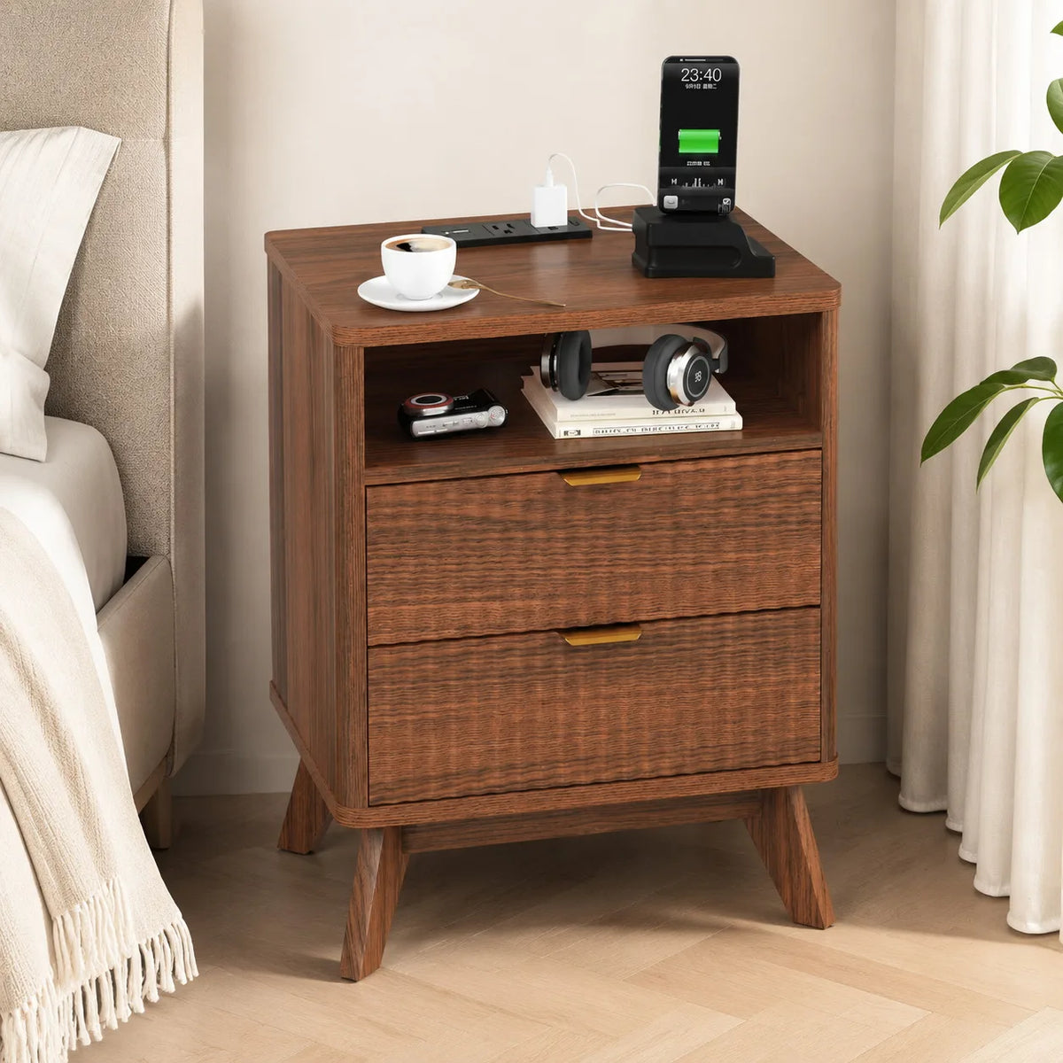 Walnut Nightstand with Drawer and Open Shelf USB Charging Station Bedside Table with AC Outlets Fluted Wood Side Table Storage Cabinet for Bedroom Living Room Sofa