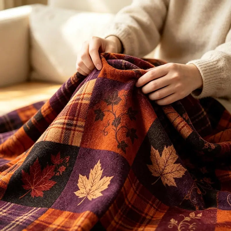 Patchwork Flannel Throw Blanket, Autumn Plaid Pumpkin Maple Leaf, Rustic Harvest Home Decor