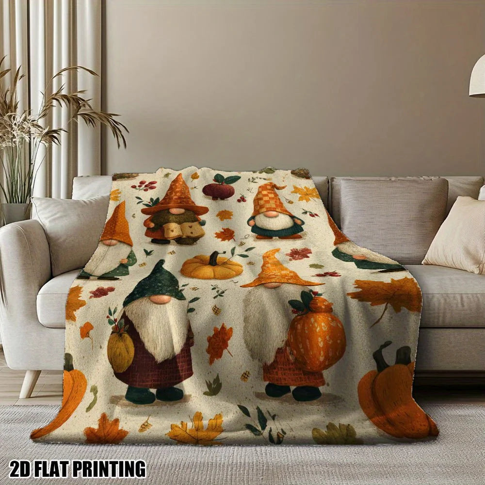 1pc Warm Thanksgiving Gnomes Printed Flannel Throw Blanket - Suitable for Bed, Sofa, Floor, and Office - The Perfect Comfortable Experience for All Seasons