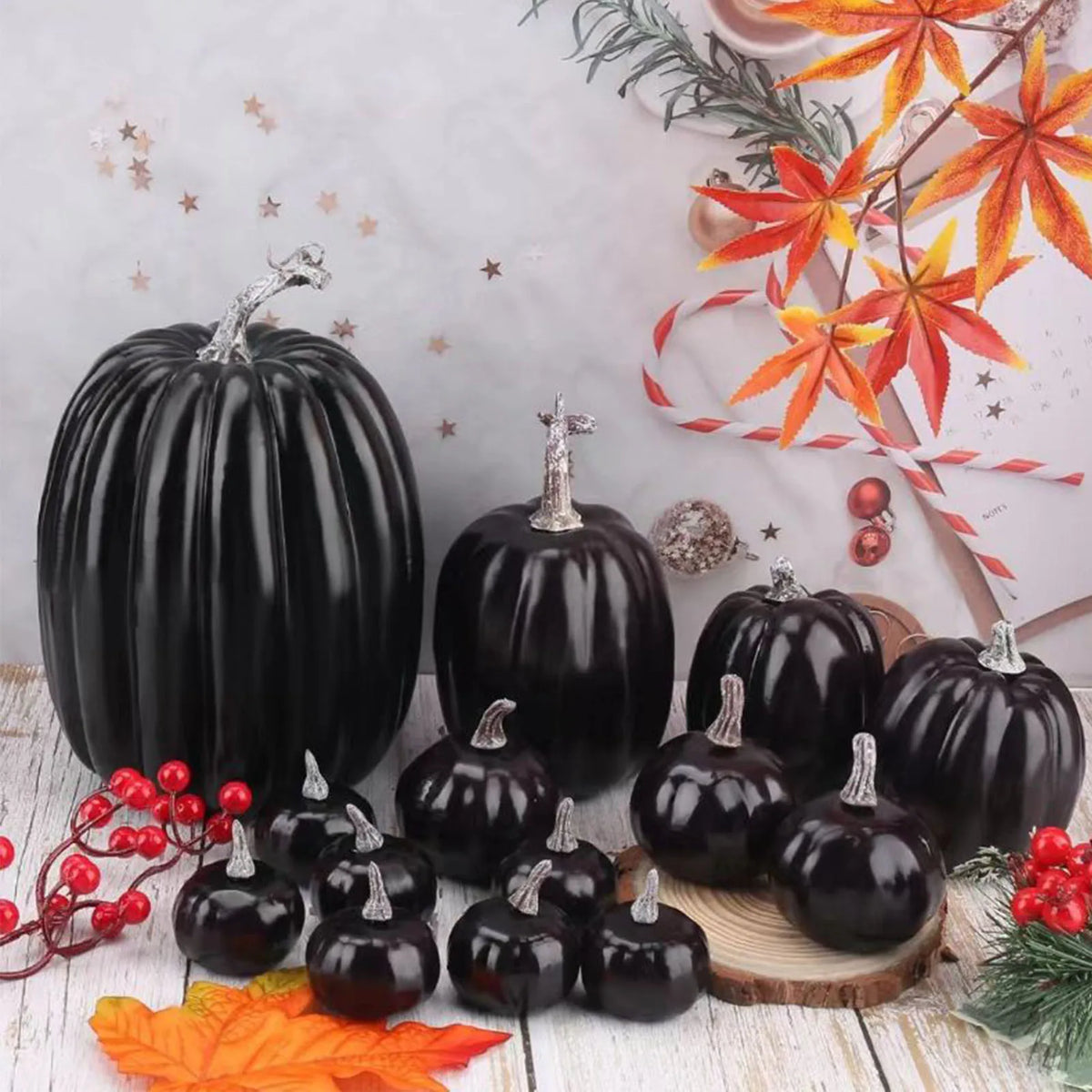 14Pcs Black Foam Faux Pumpkins Set, Lightweight Reusable Artificial Pumpkins Ornaments for Fall Halloween Thanksgiving Home Tabletop Mantel Shelf DIY Festival Decoration