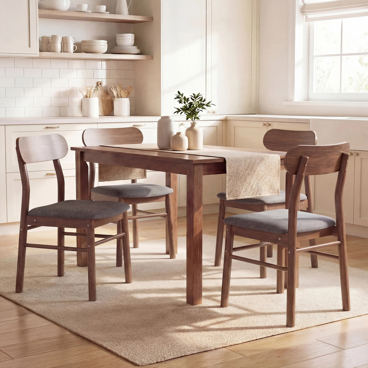 Homcom Dining Chairs Set of 4, Padded Solid Wood Kitchen Chairs, Mid-Century Modern Style Dining Room Chairs with Ergonomic Curved Backrest, Gray