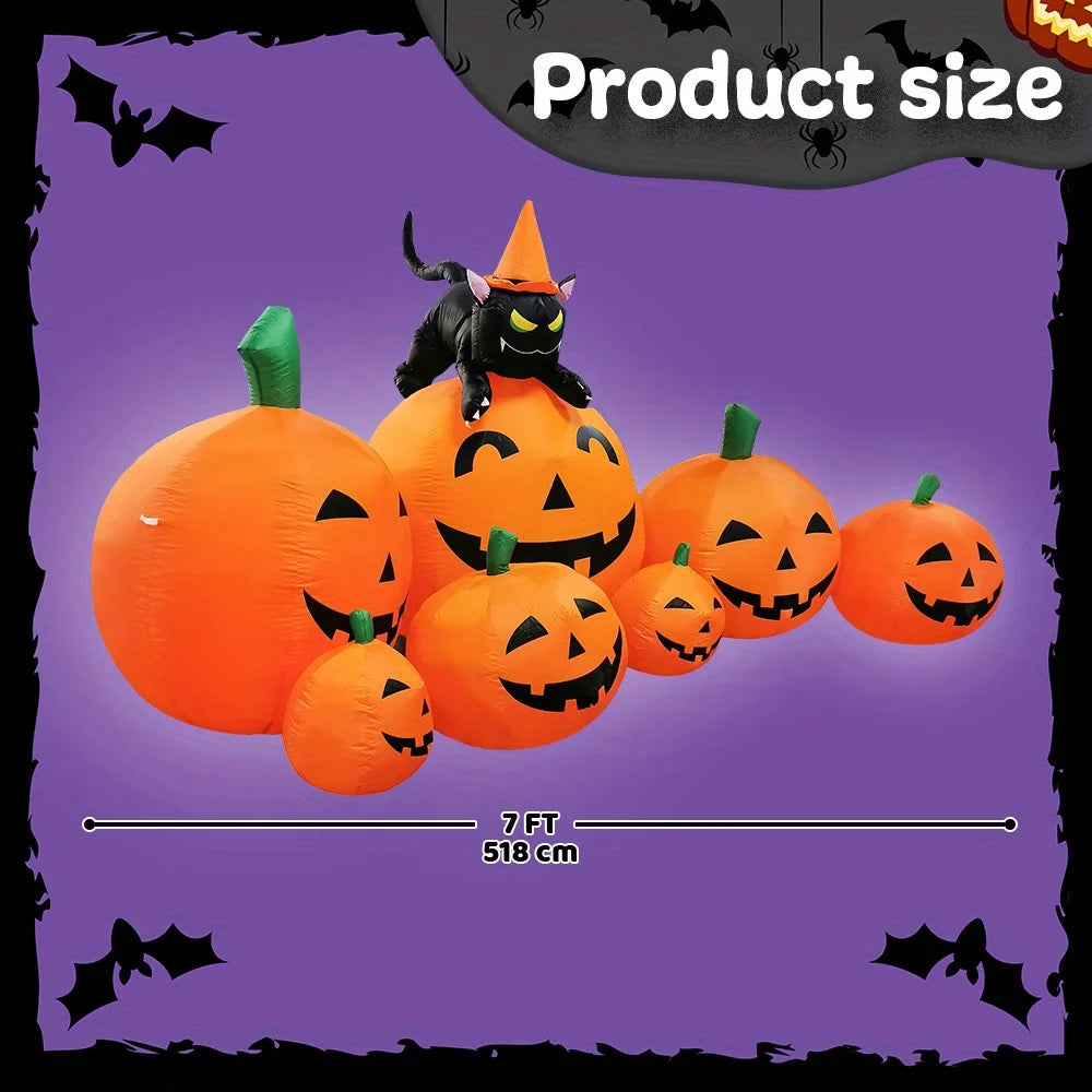 7 FT Long Halloween Inflatables Pumpkin Outdoor Decorations 7 Pumpkins Outside Decoration with Witch's Cat with Build-in LEDs Blow Up Inflatables for Party Yard Lawn Garden Decor