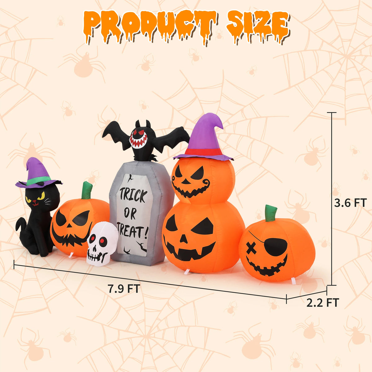 8ft Halloween Pumpkin Black Cat Tombstone Inflatable Yard Decor With Led Lights, Blow Up Outdoor Decoration For Lawn Garden Porch Party