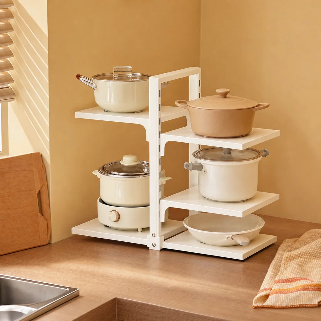 A Height-Adjustable 5-Layer Adjustable Stainless Steel Kitchen Storage Rack, Kitchen Storage Shelf, Multi-Layer Drain Organizer for Pots, Pans and Tableware, Painted Finish, Black, Kitchen Storage | Shelf, Kitchen Sink Under