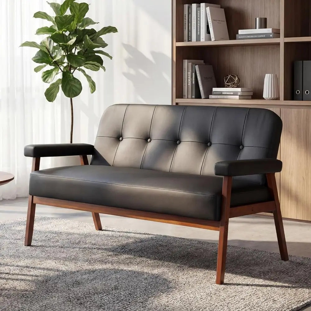 50”W Black aux Leather Small Oice Couch Loveseat Soa with Wood Arms, Century ern Love Seat Soas Lounge Armchair Living Room Bedr