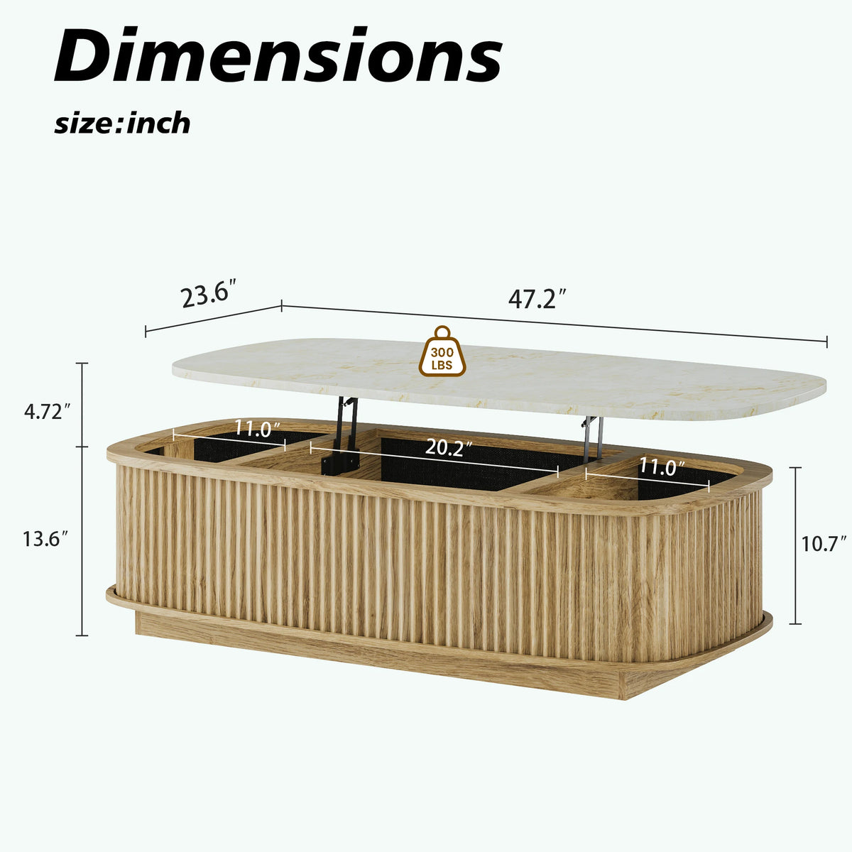Oval Fluted Lift Top Coffee Table With Hidden Storage