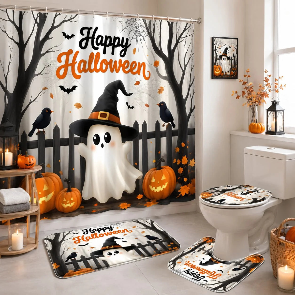 4pcs Halloween-Themed Shower Curtain Set Featuring Adorable Ghost Designs, Complete with Spooky Cartoon Ghosts, Bats, Pumpkins, And a Crow.This Fabric Shower Curtain Comes with a And 12 Hooks, Perfect for Bathroom Decor And A
