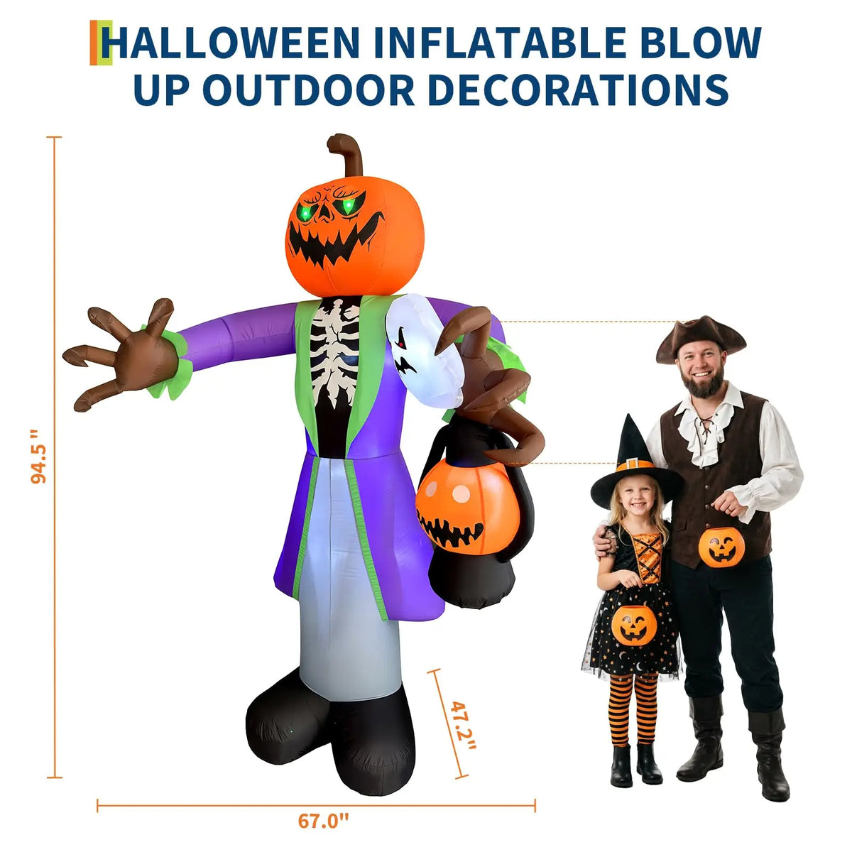 8FT Halloween Inflatable Pumpkin Zombie With Lantern And 7 LED Lights, Outdoor Toy Yard Decoration For Lawn Porch Party Garden