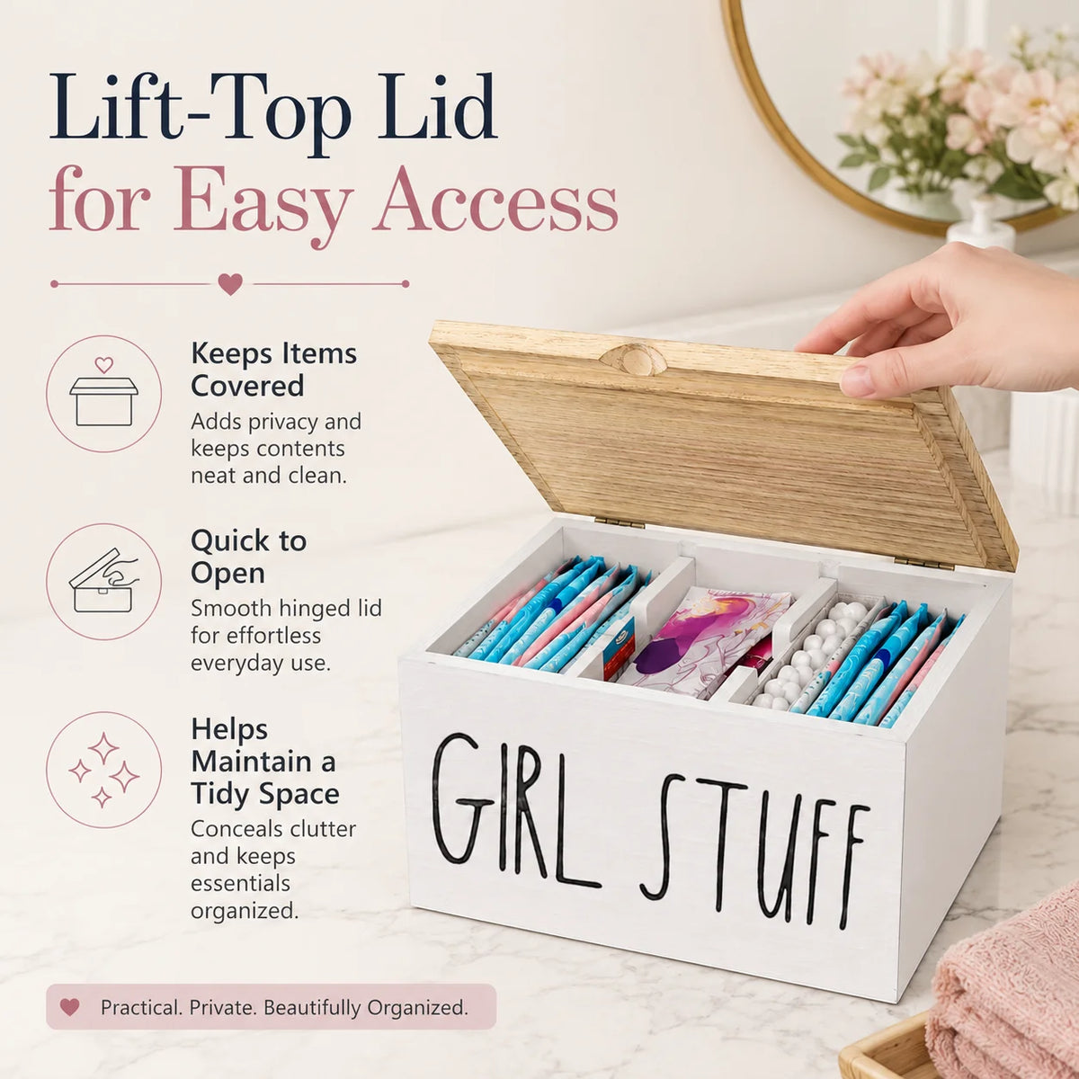 Wooden Period Organizer Box with Lid, Divided Sanitary Napkin Storage Container, "Girl Stuff" Bathroom Drawer Caddy for Tampons, Pads, Feminine Hygiene Products