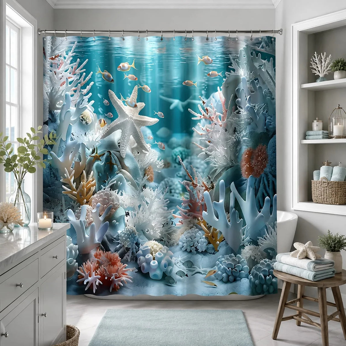 [Ocean Seashell Shower Curtain] 2 D Shower / Bath Curtain 1pc Ocean Seashell Starfish Coral Pattern Shower Curtain, Made of Durable Material, Multiple Sizes Available, Easy to Care For, with Hooks, Machine Washable, Perfect f