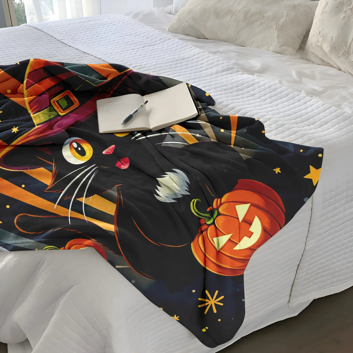Whimsical Halloween Cat Flannel Blanket with Witch Hat And Jack-O'-Lanterns, Soft Warm Throw Featuring Orange And Blue Striped Background, Durable Machine Washable Home Decor for Autumn Festivities And Cozy Gifts