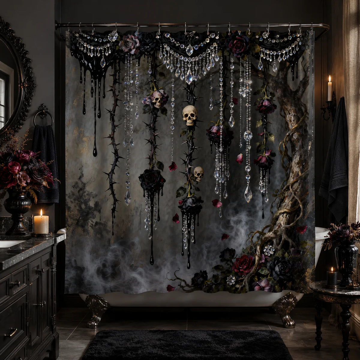 2D Flat, 1pc Shower Curtain, Gothic 2D Shower Curtain for Bathrooms, Includes a High-Quality 70.87 X 70.87inch Shower Curtain And 12 Durable Hooks. Bathroom Decor And Additions, Local Warehouse Items