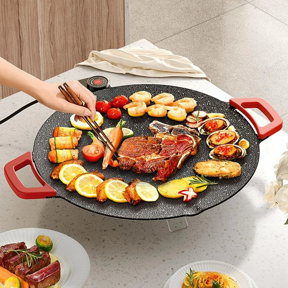 Compact Smokeless Electric Indoor Griddle Grill Non Stick Fast Heating Tabletop BBQ Cooker For Home Steak Pancake Includes Silicone Spatula Oil Brush And Food Tongs